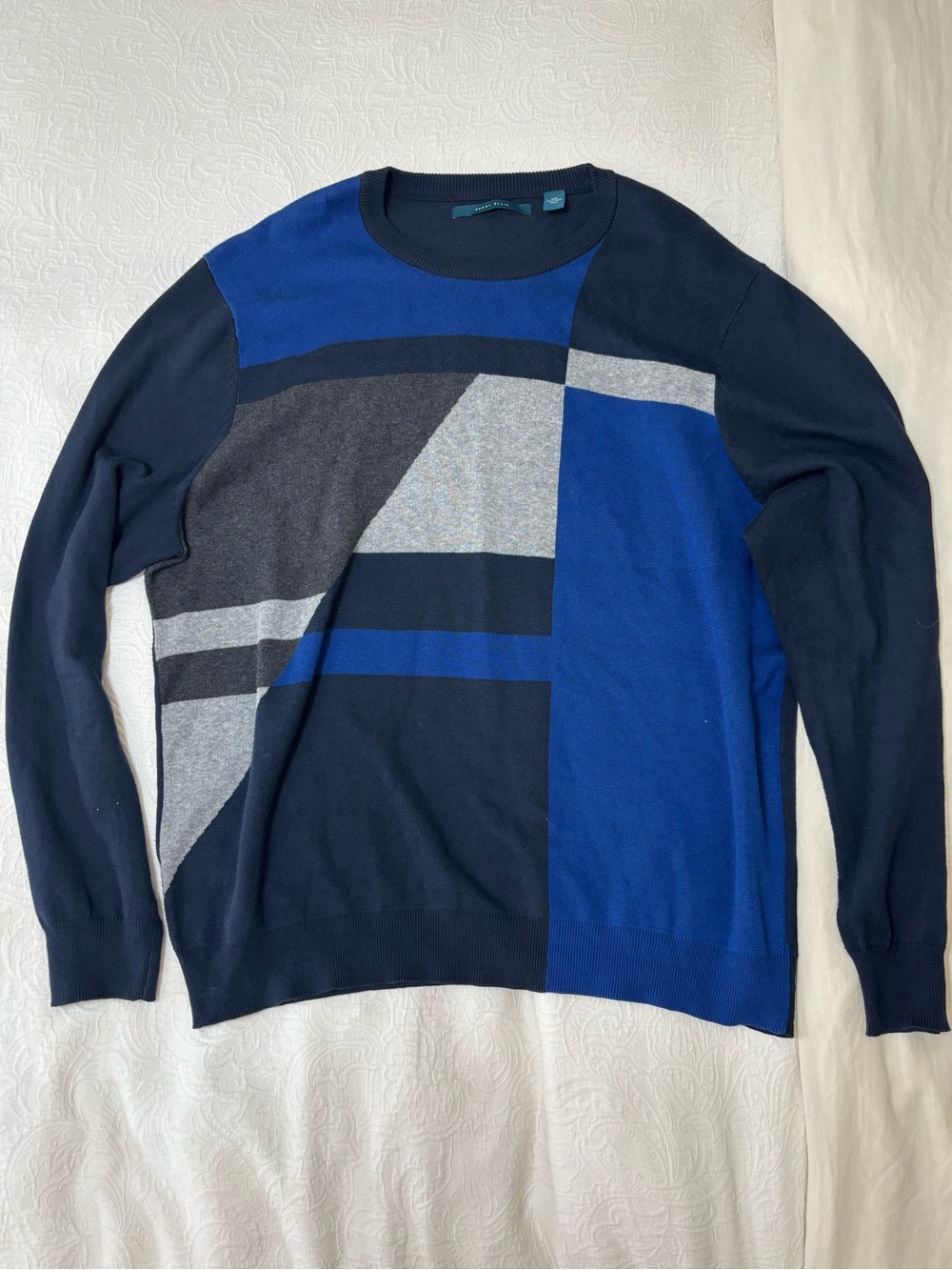 Perry Ellis Geometric Colorblock Crewneck Sweater - Blue & Gray